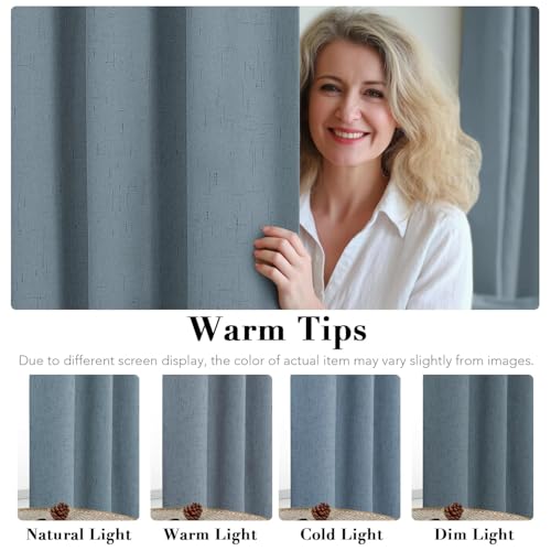Image of H.VERSAILTEX Linen Curtains 100% Blackout Curtains for Bedroom 90 inch Long Full Light Blocking Nature Linen Blended Window Curtains for Living Room Nickel Grommet (2 Panels, Stone Blue)