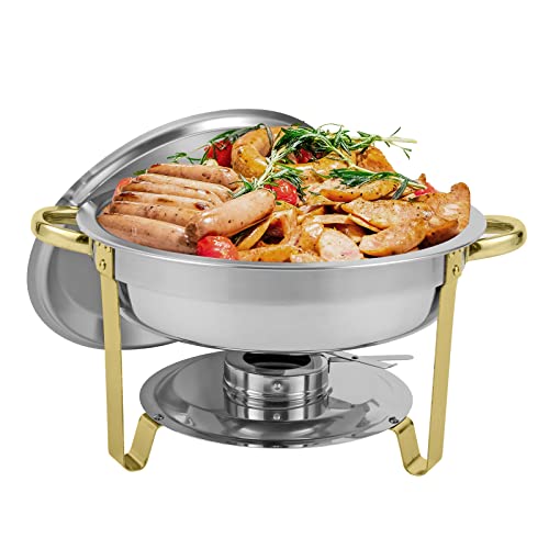 Restlrious Chafing Dish Buffet Set Round Stainless Steel 5Qt Chafers And Buffet Warmers Sets For Catering, Complete Chafing Set With Water Pan, Food Pan, Fuel Holder And Lid In Gold Accents, 1 Pack #TOP8