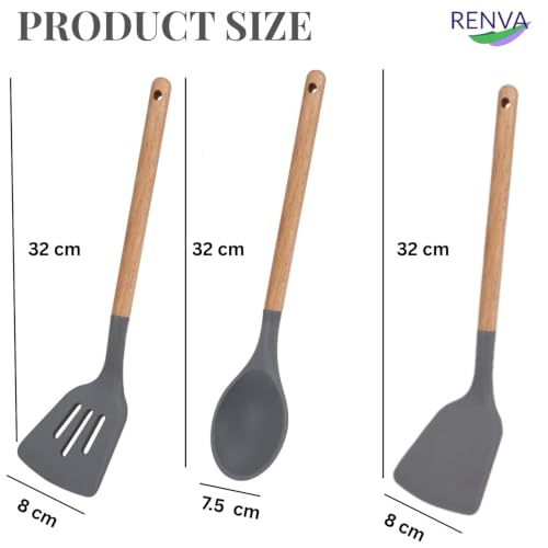 Renva Big Silicone Spatula Set of 3 with Wooden Handle (Grey, 3) thumbnail 18