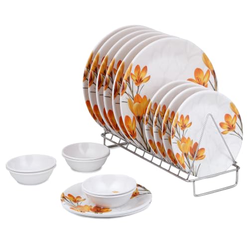 Image of Golden Fish Melamine Round Dinner Set of 18 (6 Plates + 6 Veg Bowls + 6 Half Plates) | Yellow Leaf Print | Unbreakable, Dishwasher & Microwave Safe