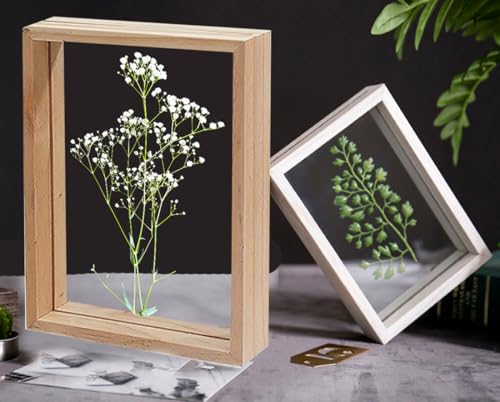 Image of Desi Rang Wooden Rectangular Frame For Wall Decor Table Top Hanging Any Green Or Dry Plant Leaf Picture Photo DIY Gift Home Decoration (Natural,Rec,7.7X5.5 Inch,With White Flower)
