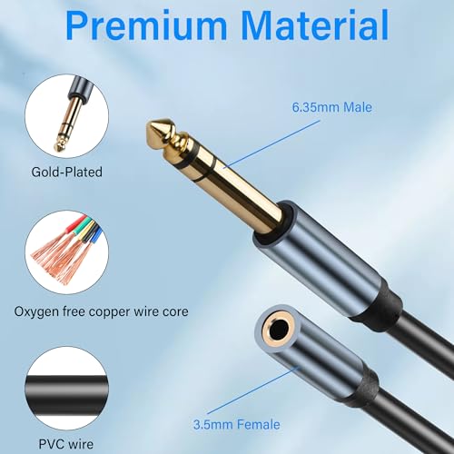 JSADZKJ 1/4 to 1/8 Adapter Extension Cable 6.35mm 1/4 Male TRS to 3.5mm 1/8 Female TRS Stereo Audio Jack Converter Adapter Extension Cord 6.35mm to 3.5mm Cable for Mixer Guitar Amplifier Speaker5.9FT - Image 2