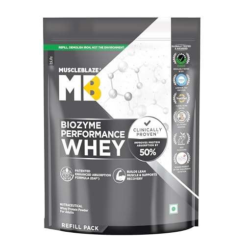Image of MuscleBlaze Biozyme Performance Whey Protein Powder, Unflavoured (1kg Refill Pack) | 25g Protein Per Scoop | Clinically Tested 50% Higher Protein Absorption