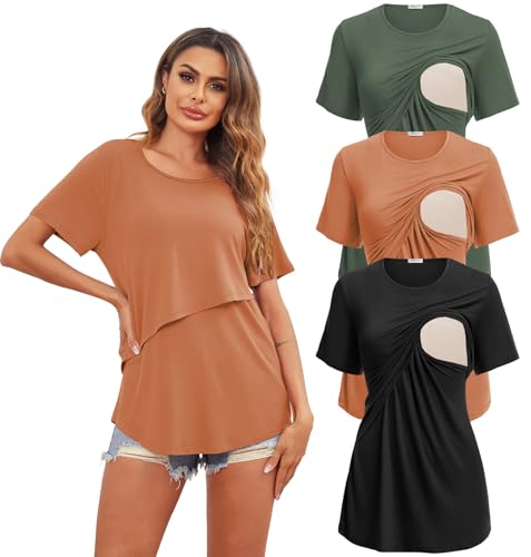 Image of Ekouaer Women's Maternity Shirts Short Sleeves Nursing Tops 3 Pack Double Laye Breastfeeding Tees Pregnancy Clothes S-XXL