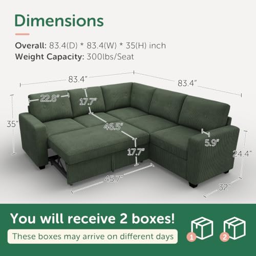 Image of HONBAY Sectional Sleeper Sofa with Pull Out Bed, Convertible 5 Seaters L Shaped Corduroy Sectional Couch for Living Room, Green