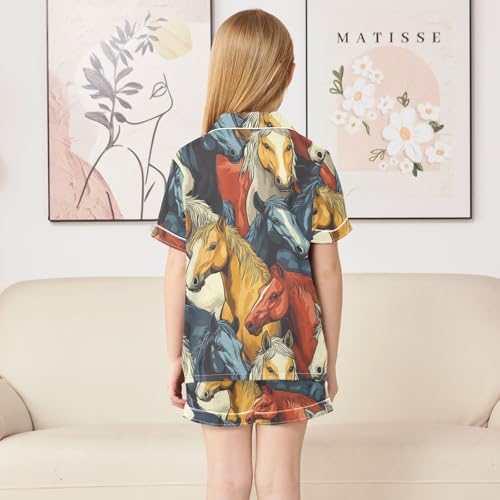 Satin Pajama Sets Short Sleeve Colorful Cool Horses Pattern Button Down Silky Nightwear 2 Piece PJS 5-14Y4