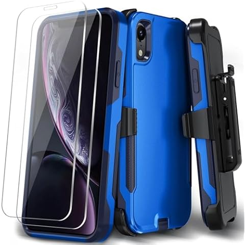 Xmon for iPhone XR Phone case, [Shockproof] [Belt Clip Kickstand] [2X Tempered Glass Screen Protector] Heavy Duty Cover for iPhone XR 6.1 inch (Blue) Cover
