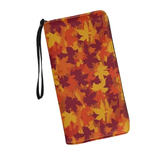 Fall Autumn Leaves Wallets for Women Leather Zipper Long Purses Bag with Wristlet Strap RFID Blocking Wristlet Clutch Bag