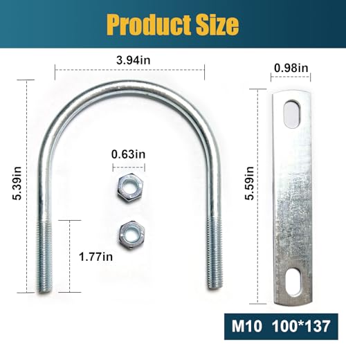 Image of 2 Sets M10 U-Bolt, 4 inch Wide U Bolt with Washers and Nuts, Heavy Duty Galvanized Carbon Steel Round U Bolts for Trailers, Boats, Replacement Parts and Accessories for Ski Boat, Fishing Boat