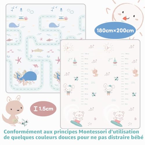 Lertantri 200x180x1.5 cm Tapis Bebe, XXL Tapis Jeux, Ours Polaire Tapis Bebe Pliable avec sac de Transport, Tapis sol Bebe Impermeable, Tapis de Motricité Bébé – vue 2