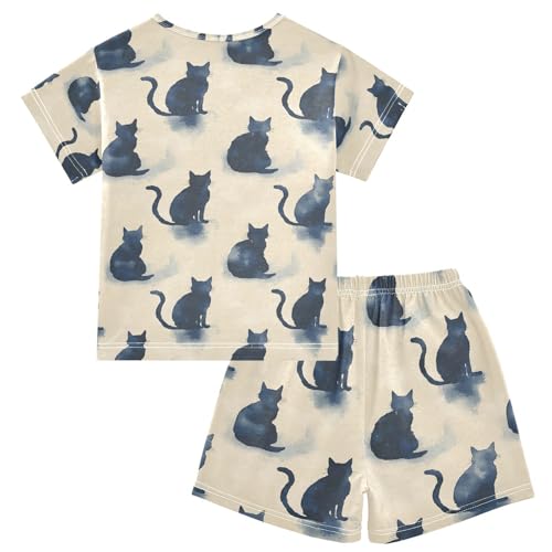 ALAZA Watercolor Cat Kitten Pajamas Set Short Sleeve Cotton Sleepwear Summer Pjs 2 Piece 5-14Y2