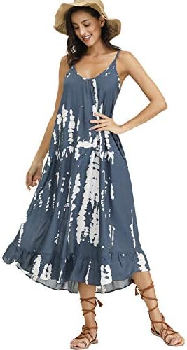 BUENOS NINOS Women's V Neck Floral Maxi Dress Boho Printed Adjustable Spaghetti Strap Ethnic Beach Long Dress with Pockets S Tie dye Dress