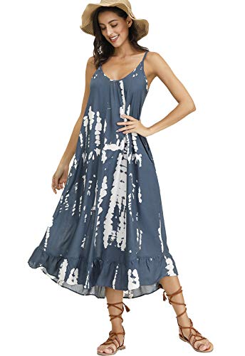 Buenos Ninos Women's V Neck Floral Maxi Dress Boho Printed Adjustable Spaghetti Strap Ethnic Beach Long Dress With Pockets S Tie Dye Dress #TOP2