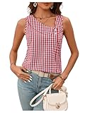 MakeMeChic Women's Gingham Plaid Print Asymmetrical V Neck Button Sleeveless Tank Tops Shirts Red and White Large
