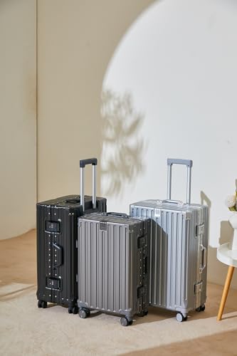 24 Inch PC Hard Shell Checked In Luggage with Aluminum Frame, Silver Suitcase with Cup Holder and USB Port, Zipperless Luggage for Business Travel2