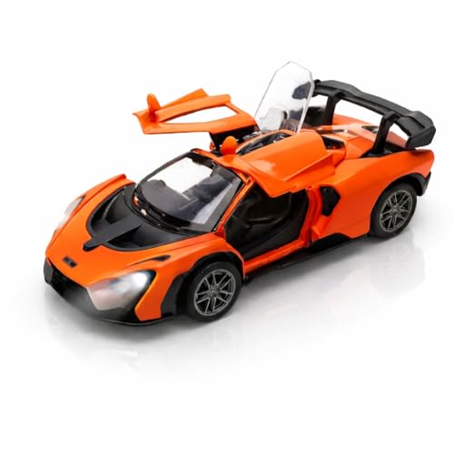 Image of Mini McLaren Senna Toy Car Model 1:36 Scale Die-cast Metal Pull Back Vehicle with Openable Doors, Lights & Music, Sports Model for Kids, Boys & Collectors (Orange)