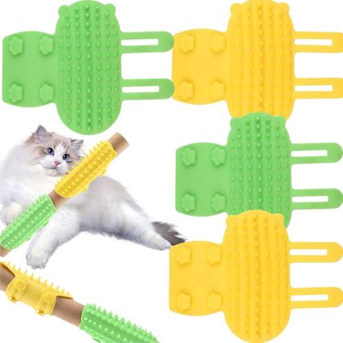 4 PCS Cat Self Groomer, Silicone Cat Brush Combs, Soft Cat Face Scratcher Rubber Cat Massager for Indoor Cats, Cat Corner Scratcher, Cat Scratching Board Pet Supplies, Green and Yellow