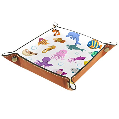 Women Girls Leather Square Dish Trinket Plate Jewelry Tray, Cartoon Trendy Dolphin and Shark, Octopus, Crab, Starfish Mothers Day Birthday Gift