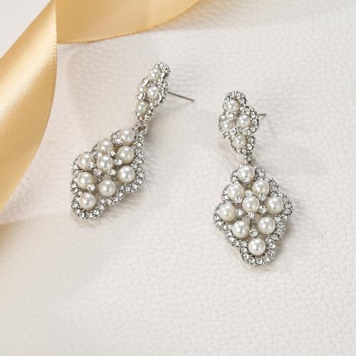 BriLove Wedding Bridal Simulated Pearl Earrings for Women Crystal Hollow Rhombus Chandelier Dangle Jewelry Clear Silver-Tone Ivory Color4