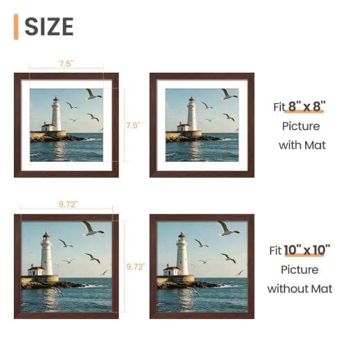 Image of upsimples 10x10 Picture Frame, Display Pictures 8x8 with Mat or 10 x 10 Without, Wall Hanging Square Frames, Brown, 1 Pack