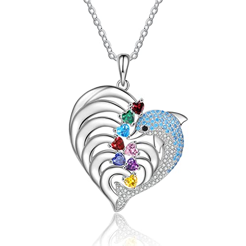 Nobelook Personalized Love Heart Dolphin Pendant Necklace Engraved 1-4 Name with Simulated Birthstones Jewelry Gifts for Mothers Wife Girlfriend BFF Valentine's Day (8 birthstones+8 Names)