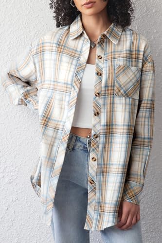 Image of CHYRII Womens Button Down Flannel Shirts Long Sleeve Plaid Shackets Business Casual Blouse Top