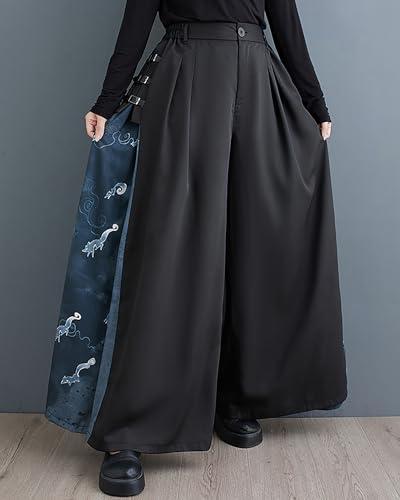 ellazhu Women's Pants Button Black Blue Pattern Patchwork Loose Oversize Length to Ankle GZ253 A3