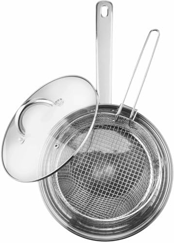 Stainless Steel Chip Pan Fryer with Basket and Helper Handle 38cm Deep Induction Fryer Pan Silver Deep Frying Chip Pan with Basket and Lid Chip