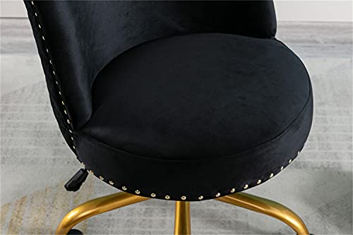 Lwflife Home Office Chair Velvet Fabric Modern Nailhead Swivel Chair, Computer Desk With Golden Base, Height Adjustable Vanity Accent Chairs For Living Room And Bedroom, Black 23“D X 23”W 32.2-35.8”H #TOP5