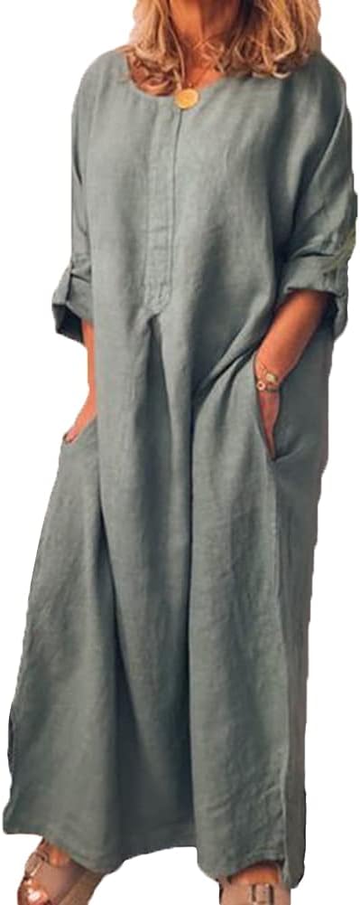 Casual Women Solid Color Oversize Maxi Cotton Linen Long Shirt Dress Oversize Maxi Cotton Linen Long Shirt Dress