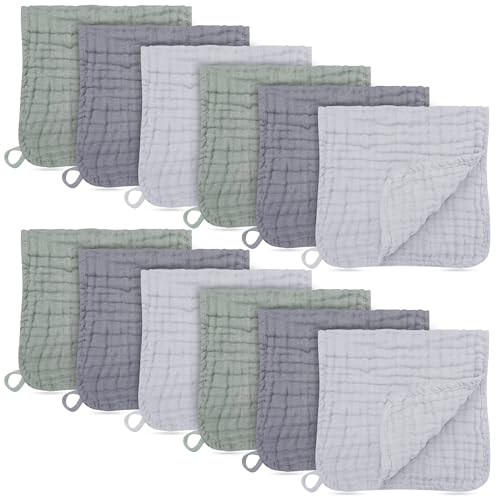 BAMBOO QUEEN 12 Pack Muslin Burp Cloths - Large 20" x 10", Ultra Absorbent 100% Cotton for Baby Drool and Messes - Soft, Gentle Baby Burp Rag for Boys & Girls -Grey, Green, Slate