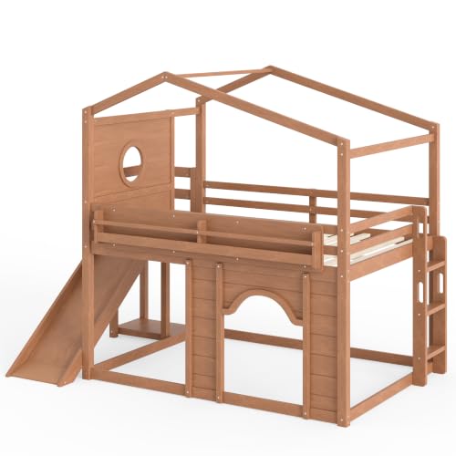 Image of Bellemave Bunk beds Full Over Full with Slide,Bookshelf and Wardrobe House roof Design, Low bunk /loft Bed for Kids, Natural
