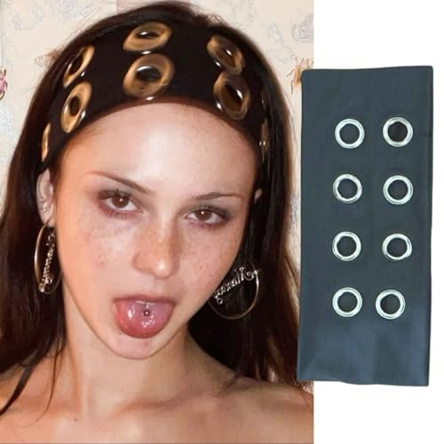 Juglok Grommet Eyelet Headband with Holes for Women, Stretch Punk Y2K Headband, Gothic Rock Hair Accessories for Streetwear & Y2K Accessories (Dark Gery, Average)
