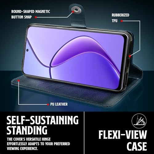 Image of Genuine Leather Inside Back TPU Wallet Button | Magnetic Stand Dual Layer Flip Cover Compatible for Realme RMX5108 / Realme P4x - Navy Blue
