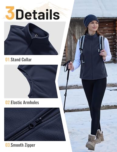 TACVASEN Damen Fleece Vest Outdoor Ärmellos Gilets Warm Fleeceweste mit Reißverschluss Taschen Sportweste für Frauen Blau XL