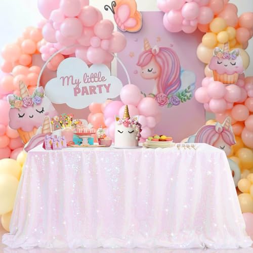 Image of B-COOL Iridescent Tablecloth Sequin Tablecloth Glitter Rectangle 90x90 inches White Iridescent Sparkle Sequin Fabric for Wedding Party Birthday Home Decoration