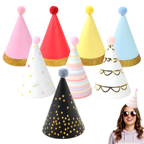 YAZWUR Set di 8 Cappelli da Festa Riutilizzabili – Cappelli a Cono con Pompon, 8 Design Diversi, Accessori per Feste di Compleanno per Bambini e Adulti, Famiglie (Colorato)