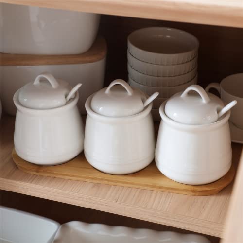 Haotop Porcelain Condiment Jar 3 Pack Set With Tray, 12 Ounces White #TOP3