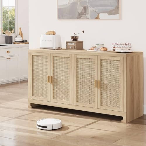 Garvee - 60" Rattan Buffet Cabinet - 4-Door Farmhouse Storage Sideboard with Adjustable Shelves, Woven Console Table for Dining Room, Living Room & Entryway