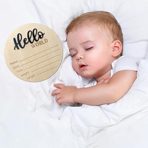 Image of Baby Announcement Sign, ​5.9 Inch Wooden Hello World Newborn Signs, Birth Announcement Sign, Baby Shower Hospital Nursery for Newborn Boys and Girls (Black)