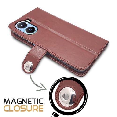 Image of Pikkme Vivo T2X / Y16 / Y56 5G Flip Cover Leather Finish | Inside TPU with Card Pockets | Wallet Stand and Shock Proof | Complete Protection Button Flip Case (Brown)