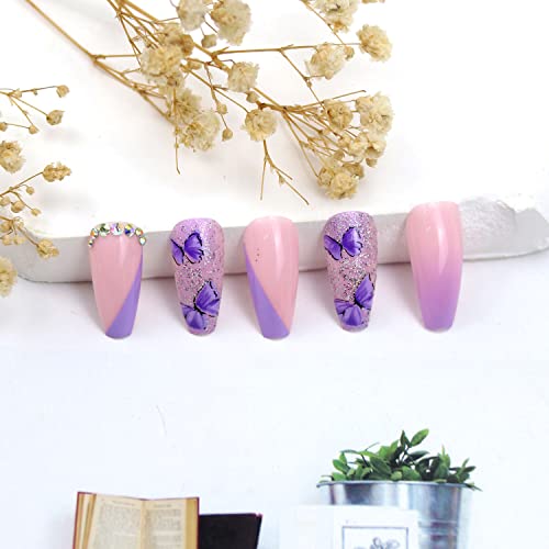 Butterfly Press On Nails Purple Butterfly Square Fake Nails Long French Nail Design Medium French Tip For Spring For Nail Art Acrylic False Nails Stick On Nails For Women Manicure Nail Decorations 24Pcs #TOP2
