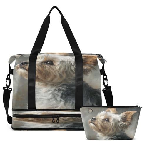 Dog Butterfly Gray Duffel Bag for Women Men Gym Bag with Shoe Compartment Wet Pocket Carry On Weekender Overnight Bags for Traveling Gym Workout