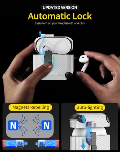 Image of Pohgelan Compatible with AirPods 4 Case Carbon Fiber Texture(White) | Magnetic Automatic Lock with Phone Stand & Cleaning Kit,Compatible with Magsafe
