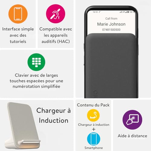 DORO - Pack Smartphone Aurora A20 - Socle de Charge sans Fil - Téléphone Portable Senior à clapet - Touche d'Assistance - Localisation GPS - Compatible Appareils Auditifs - Câble USB Inclus - Graphite