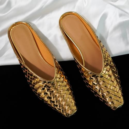 Image of Woven Mules for Women Slip on Comfortabke Metallic Slides Ladies Trendy Square Toe Hidden Wedge Mules