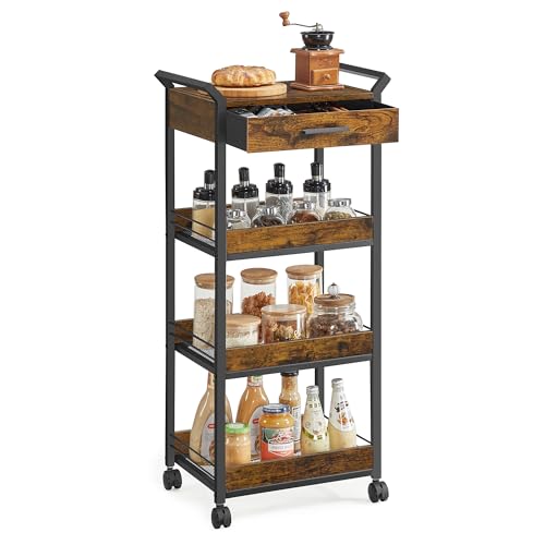 VASAGLE Storage Cart, 4-Tier Rolling Utility Cart with Table Top, Handles, 4 Lockable Casters, Top Drawer, Mesh Shelves, for Kitchen, Bathroom, Bedroo