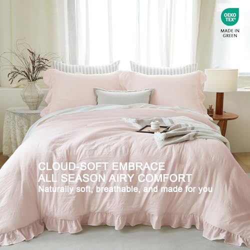 Image of Pink Ruffle Comforter Set Queen, Pre-Washed Shabby Chic Bedding Set, Lightweight Cottagecore Soft Romantic Cozy 1 Comforter & 2 Shams, All-Season