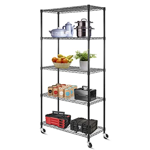 Wdt 5 Tier Shelf Shelving Unit With Wheels,Adjustable Metal Shelves For Storage, Nsf Certified Wire Shelving Rack,350Lbs Loading Capacity Per Shelf Storage Shelves For Kitchen Garage, 16”Wx36”Dx75”H #TOP2