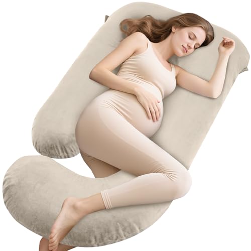 Image of GRANDMA SHARK Pregnancy Pillow, J-shaped Full-Body Pillow with Removable Pillowcase, Supports the Head, Legs, Arms, Abdomen, and Waist of Pregnant Women-Champagne